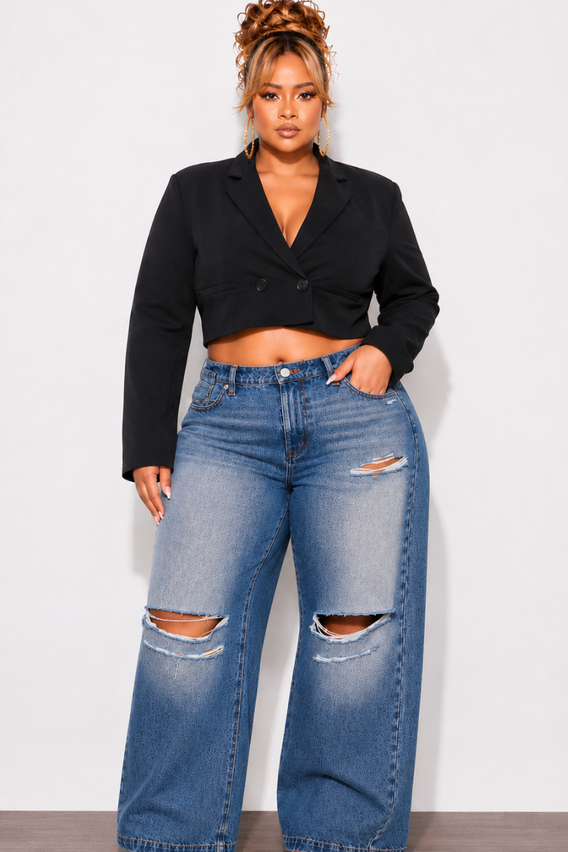 Final Sale Plus Size Baggie Wide Leg Distressed Jeans in Denim