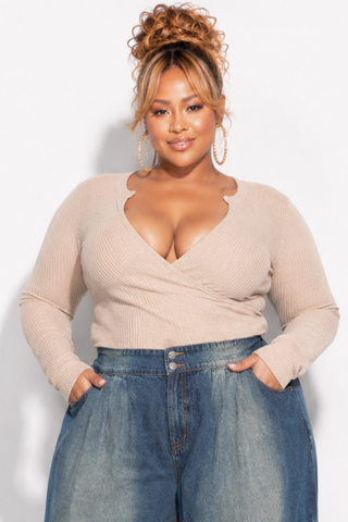 Final Sale Plus Size Long Sleeve Faux Wrap Crop Top in Taupe (Top Only)