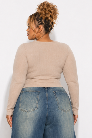 Final Sale Plus Size Long Sleeve Faux Wrap Crop Top in Taupe (Top Only)