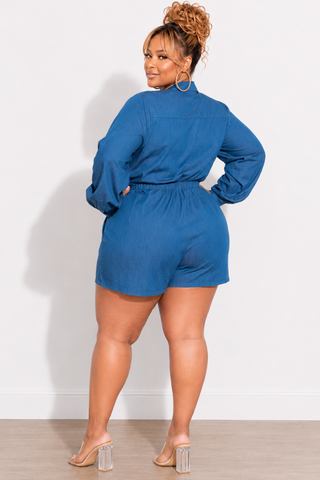 Final Sale Plus Size Long Sleeve Button Up Romper with Waist Tie in Denim