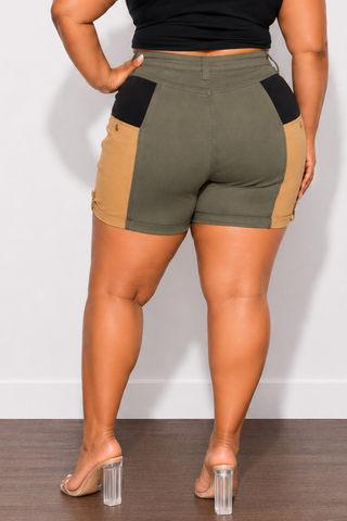 Final Sale Plus Size Bermuda Shorts in Color Blocked Earth Tones Olive, Tan, & Black