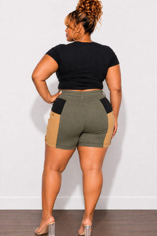 Final Sale Plus Size Bermuda Shorts in Color Blocked Earth Tones Olive, Tan, & Black