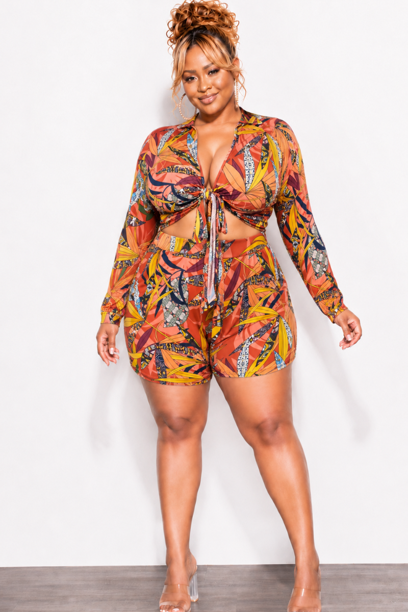 Final Sale Plus Size 2pc Crop Top & Bermuda Short Set in Multi-Color Leaf Print