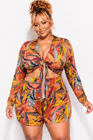 Final Sale Plus Size 2pc Crop Top & Bermuda Short Set in Multi-Color Leaf Print