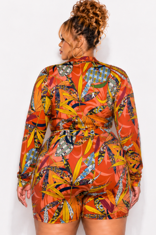 Final Sale Plus Size 2pc Crop Top & Bermuda Short Set in Multi-Color Leaf Print
