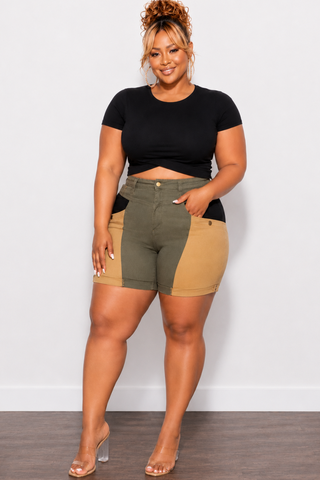 Final Sale Plus Size Bermuda Shorts in Color Blocked Earth Tones Olive, Tan, & Black