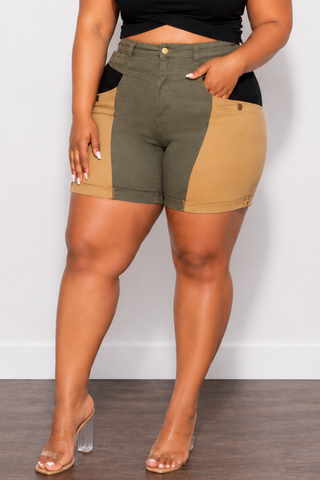 Final Sale Plus Size Bermuda Shorts in Color Blocked Earth Tones Olive, Tan, & Black