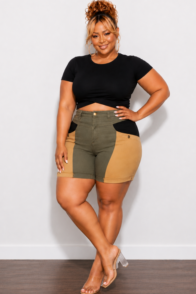 Final Sale Plus Size Bermuda Shorts in Color Blocked Earth Tones Olive, Tan, & Black