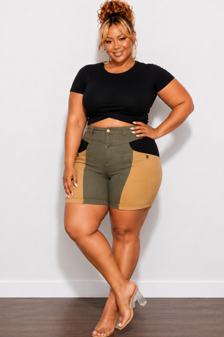 Final Sale Plus Size Bermuda Shorts in Color Blocked Earth Tones Olive, Tan, & Black