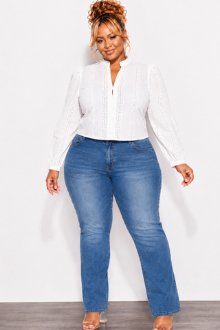 Final Sale Plus Size Eyelet Button Down Blouse Top in White