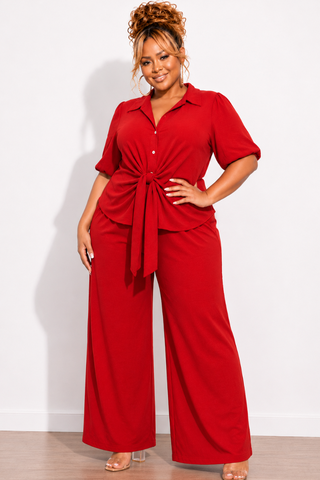 Final Sale Plus Size 2pc Button Up Collar Top and Pants Set in Red Linen