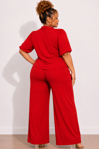 Final Sale Plus Size 2pc Button Up Collar Top and Pants Set in Red Linen
