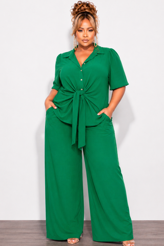 Final Sale Plus Size 2pc Button Up Collar Top and Pants Set in Green Linen