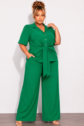 Final Sale Plus Size 2pc Button Up Collar Top and Pants Set in Green Linen