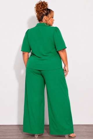 Final Sale Plus Size 2pc Button Up Collar Top and Pants Set in Green Linen