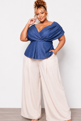 Final Sale Plus Size Pleated Blouse Top in Dark Denim