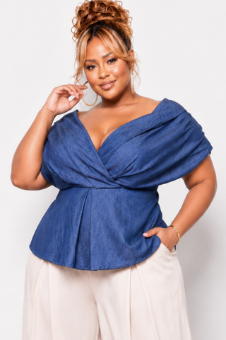 Final Sale Plus Size Pleated Blouse Top in Dark Denim