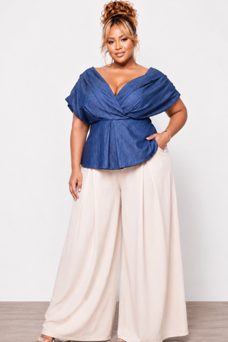 Final Sale Plus Size Pleated Blouse Top in Dark Denim