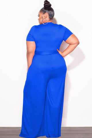 Final Sale Plus Size 2pc Short Sleeve Tie Top and Pants Set in Royal Blue