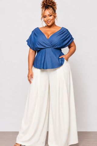 Final Sale Plus Size Pleated Blouse Top in Medium Denim