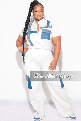 Final Sale Plus Size Rhinestone Colorblock 2pc Zip-Up Top and Pants Set in Ivory & Denim