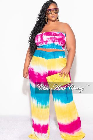 Final Sale Plus Size 2pc Strapless Frill Crop Top and Palazzo Pants Set Multi-Color Tie Dye Print