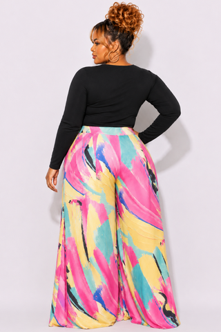 Final Sale Plus Size Palazzo Pants in Multi Color Brush Stroke Print