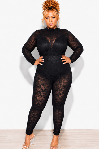 Final Sale Plus Size 2pc Sheer Lace Bodysuit Pants Set in Black (This is a Set)