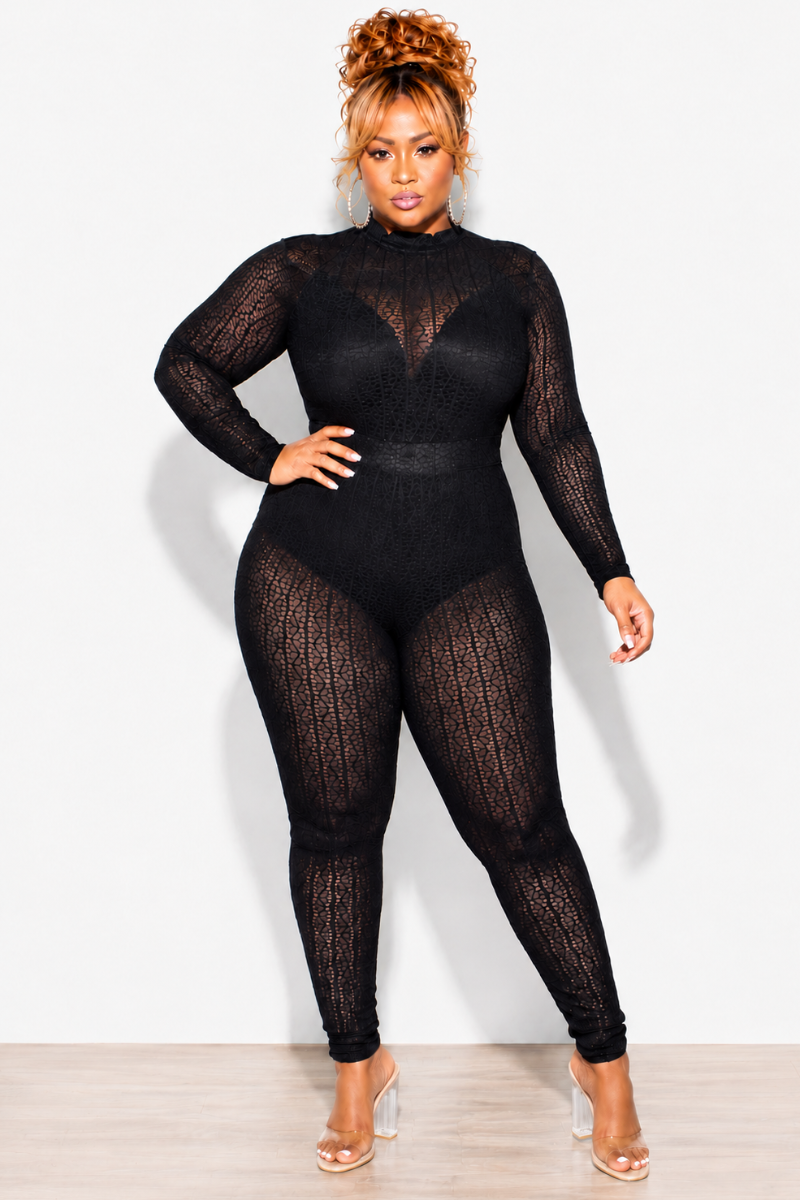 Final Sale Plus Size 2pc Sheer Lace Bodysuit Pants Set in Black (This is a Set)