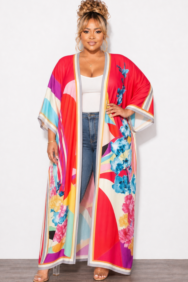 Final Sale Plus Size Caftan in Red Fuchsia Pink Multi Color Floral Print