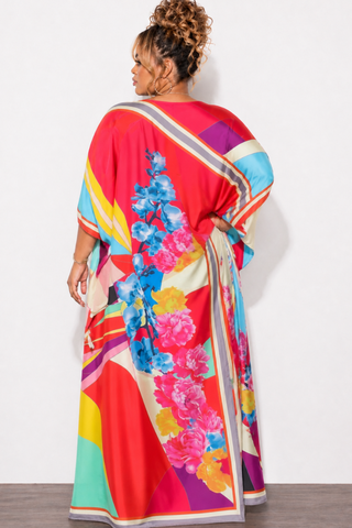 Final Sale Plus Size Caftan in Red Fuchsia Pink Multi Color Floral Print