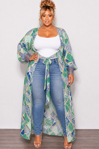 Final Sale Plus Size Sheer Chiffon Duster with Waist Tie and Rhinestone Cuff in Green Multi Color Print
