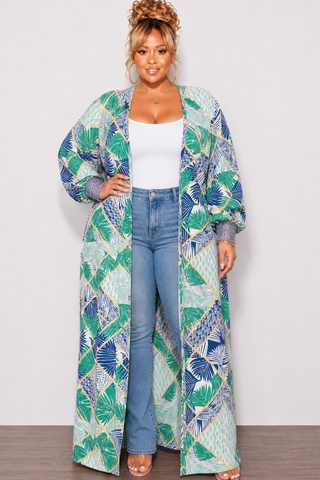 Final Sale Plus Size Sheer Chiffon Duster with Waist Tie and Rhinestone Cuff in Green Multi Color Print
