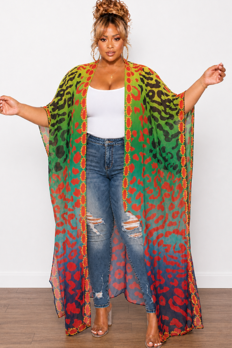 Final Sale Plus Size Caftan in Multi Color Spotted Print - Blue Version