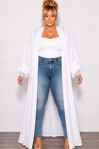 Final Sale Plus Size Sheer Chiffon Duster with Waist Tie and Rhinestone Cuff in White