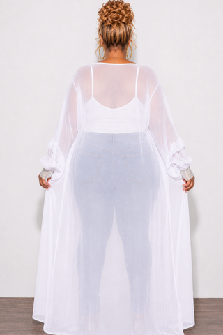 Final Sale Plus Size Sheer Chiffon Duster with Waist Tie and Rhinestone Cuff in White