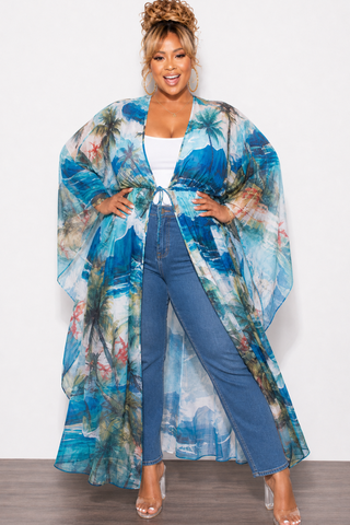 Final Sale Plus Size 2pc Set Chiffon Cover Up / Duster & Matching Shorts in Blue & Red Palm Print