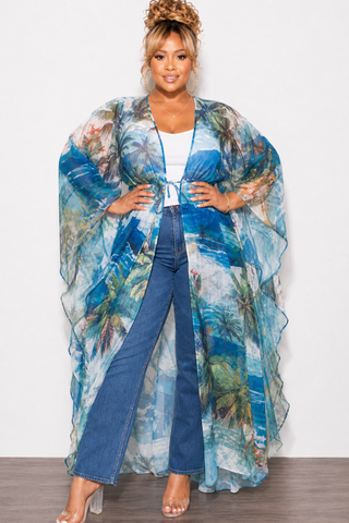 Final Sale Plus Size 2pc Set Chiffon Cover Up / Duster & Matching Shorts in Blue & Red Palm Print