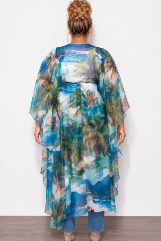 Final Sale Plus Size 2pc Set Chiffon Cover Up / Duster & Matching Shorts in Blue & Red Palm Print