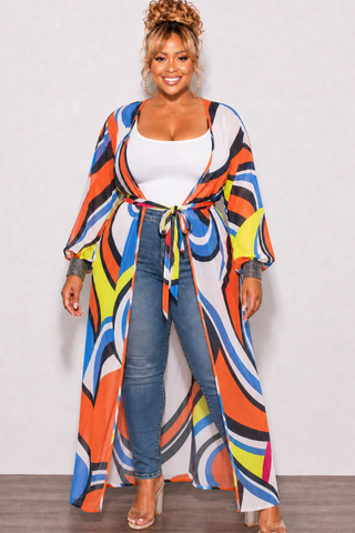 Final Sale Plus Size Sheer Chiffon Duster with Waist Tie and Rhinestone Cuff in Orange Neon Green Royal Blue and White
