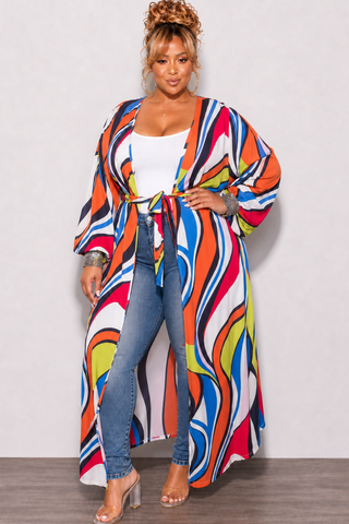 Final Sale Plus Size Sheer Chiffon Duster with Waist Tie and Rhinestone Cuff in Orange Neon Green Royal Blue and White
