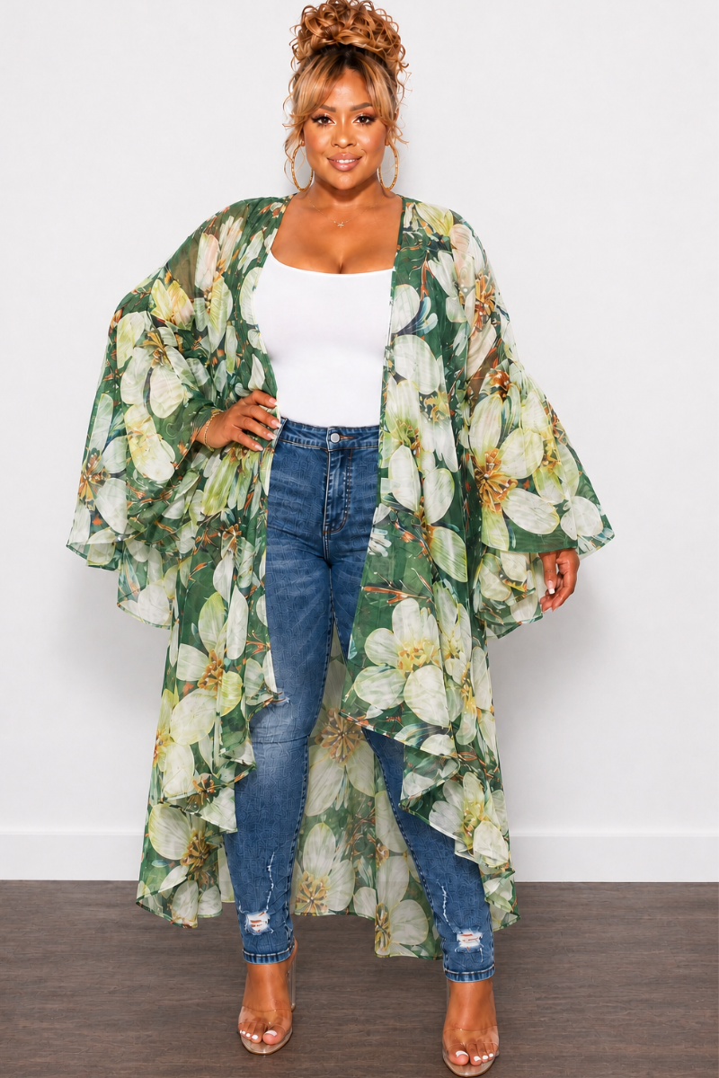 Final Sale Plus Size Ruffle Sleeve Kimono Duster in Olive Green Floral