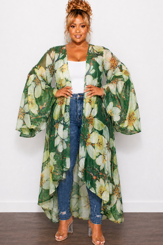Final Sale Plus Size Ruffle Sleeve Kimono Duster in Olive Green Floral