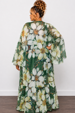 Final Sale Plus Size Ruffle Sleeve Kimono Duster in Olive Green Floral