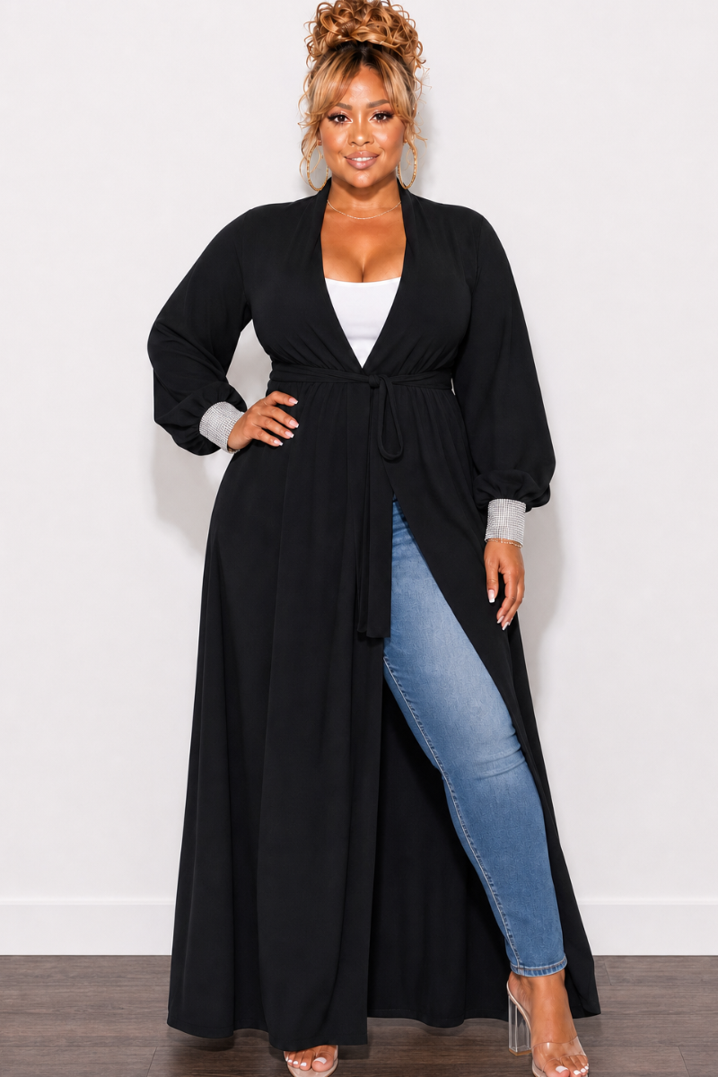 Final Sale Plus Size Sheer Chiffon Duster with Waist Tie and Rhinestone Cuff in Black