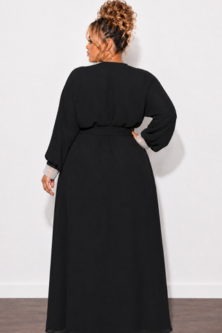 Final Sale Plus Size Sheer Chiffon Duster with Waist Tie and Rhinestone Cuff in Black