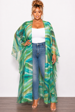 Final Sale Plus Size 2pc Set Chiffon Cover Up / Duster & Matching Shorts in Green Multi-Print