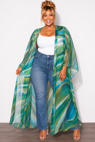 Final Sale Plus Size 2pc Set Chiffon Cover Up / Duster & Matching Shorts in Green Multi-Print