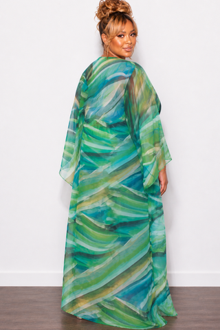 Final Sale Plus Size 2pc Set Chiffon Cover Up / Duster & Matching Shorts in Green Multi-Print