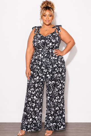 Final Sale Plus Sleeveless Jumpsuit with Tie Straps in Black and White Floral Print